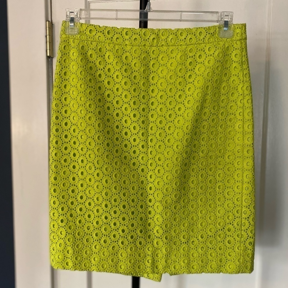 J Crew Lime Green Eyelet Circles No. 2 Cotton Pencil Skirt